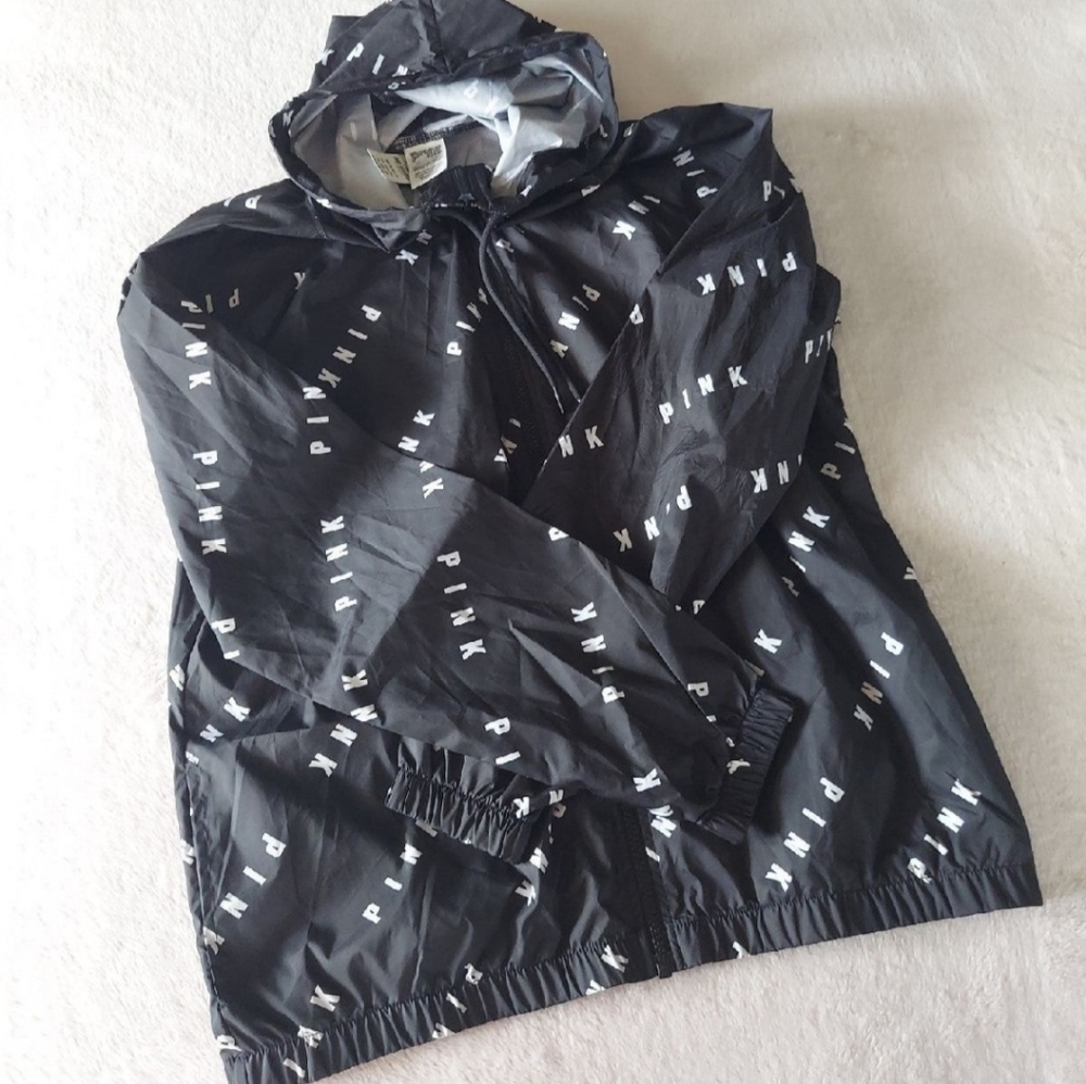PINK VS Black & White Logo Lightweight Full Zip Hooded Anorek Jacket Winbreaker